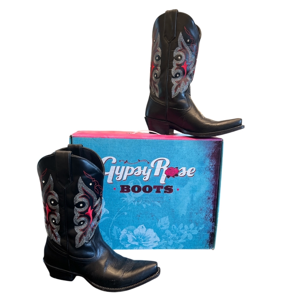 Gypsy Rose Black Cowboy Embroidered Boots, Leather Upper, Size 8, Gently Used
